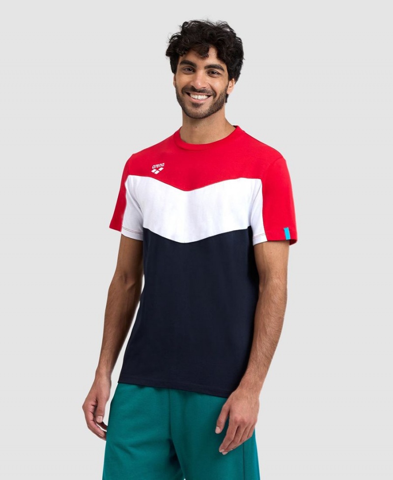 Arena Color Block T-Shirt Röda Vita Marinblå | USJ96D-669