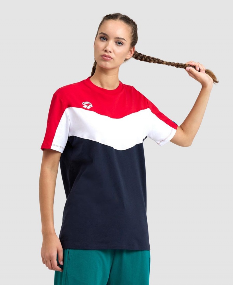 Arena Color Block T-Shirt Röda Vita Marinblå | USJ96D-669