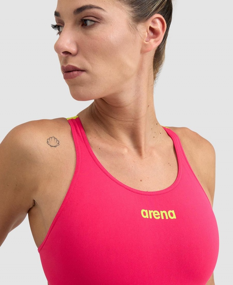 Arena Team Swim Tech Solid Baddräkt Rosa Gröna | JQQ46F-409